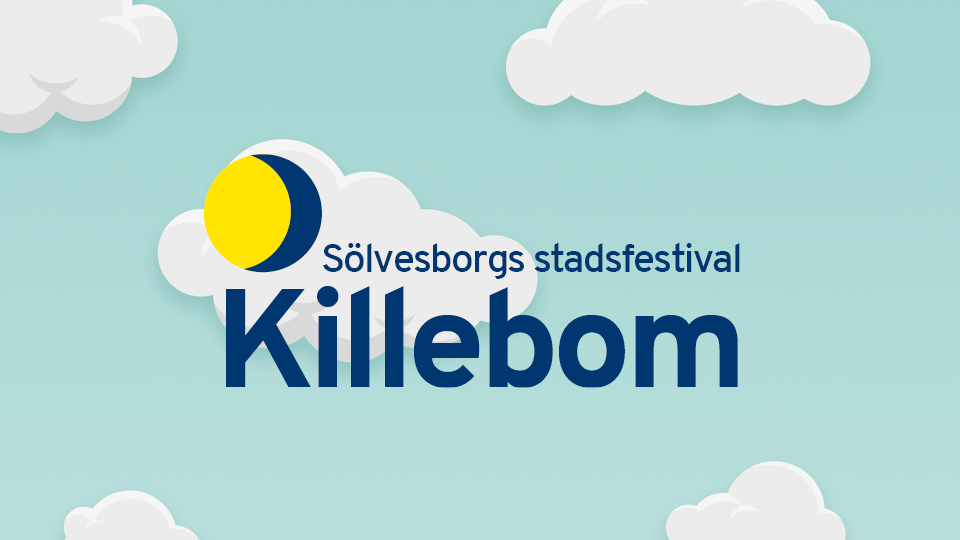Grafisk bild med texten Killebom 6-9 juli, Sölvesborg.