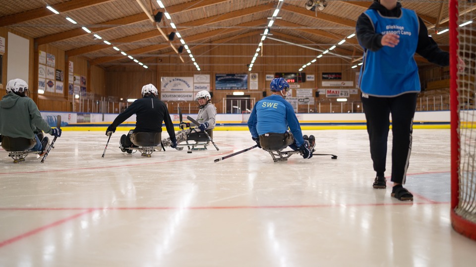Ett gäng spelar kälkhockey på en isbana.