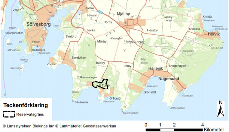 En karta som visar var naturreservatet Västra Torsö ligger. Karta kommer från Länsstyrelsen