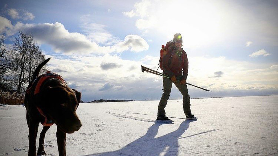 En kvinna åker skidor på isen tillsammans med sin hund i koppel, en solig vinterdag. Himlen är klarblå.