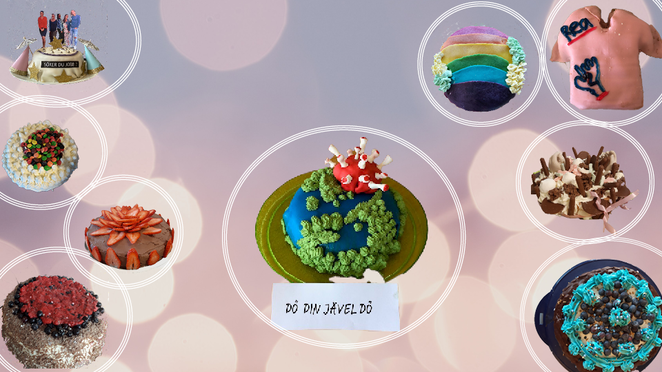 Collage av olika tårtor: coronavirus, tröja, chokladtårta med jordgubbar på