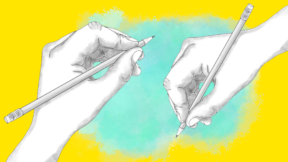 Illustration av två händer som håller i en penna och ritar.