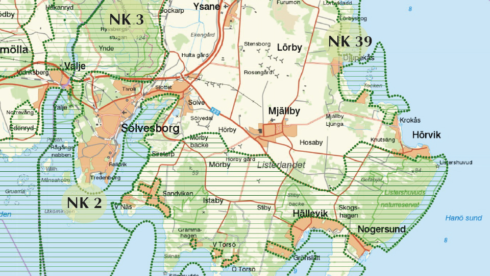 Karta från Sölvesborgs översiktsplan med riksintressen för natur utmärkta. 