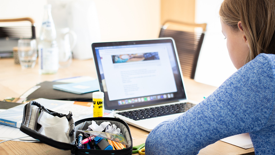 En tjej i blå stickad tröja tittar in i sin datorskärm.
