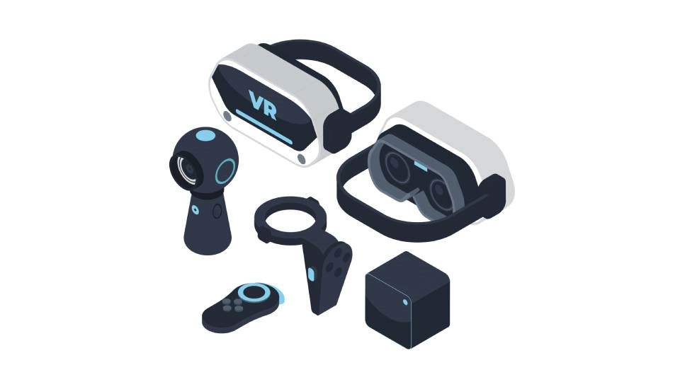 tecknad bild på VR-glasögon och kameror