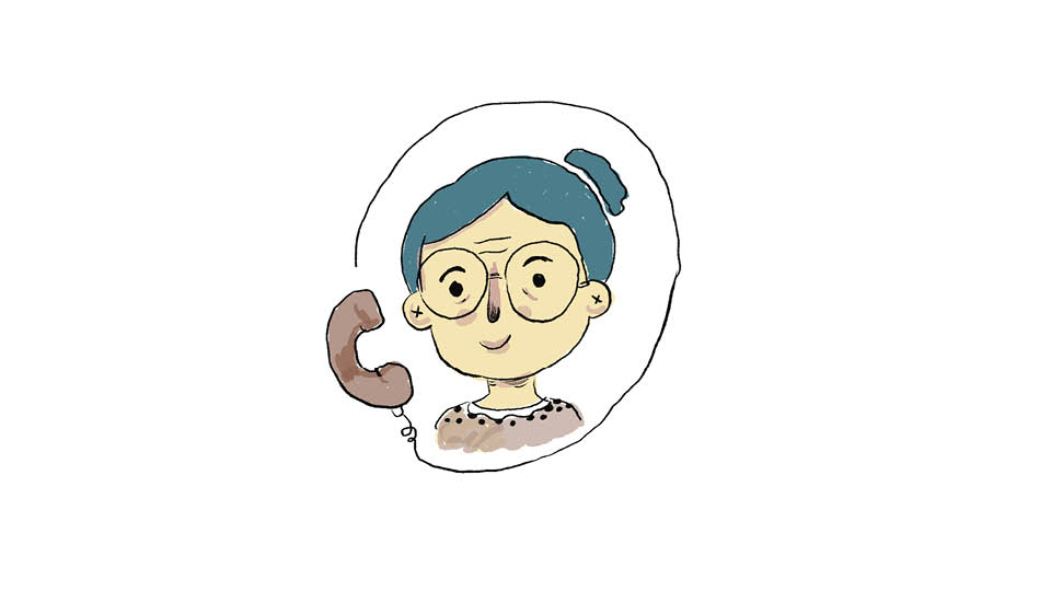 Illustrerad äldre kvinna med en telefonlur vid örat