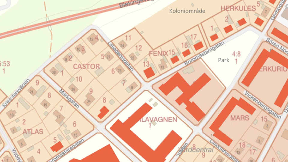Karta med byggnader markerade.