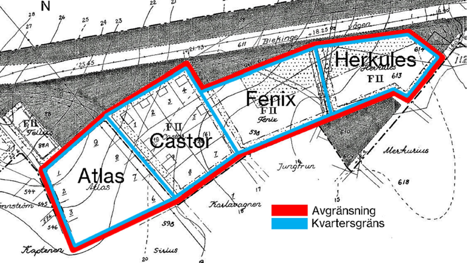 Castor, Atlas, Fenix och Herkules markerade på förslag till ändring av stadsplanen 1948.