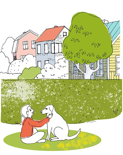 Ett grönt och lugnt kvarter där människor och djur trivs tillsammans.