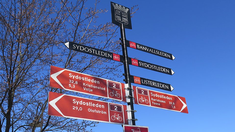 Såhär ser vägvisningarna längs med Sydostleden ut. Foto: Sölvesborgs kommun.