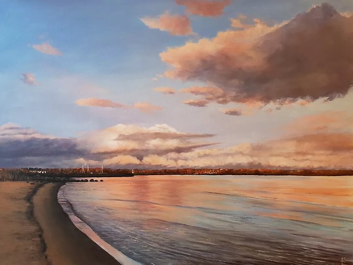 Naturalistisk målning av hav och solnedgång